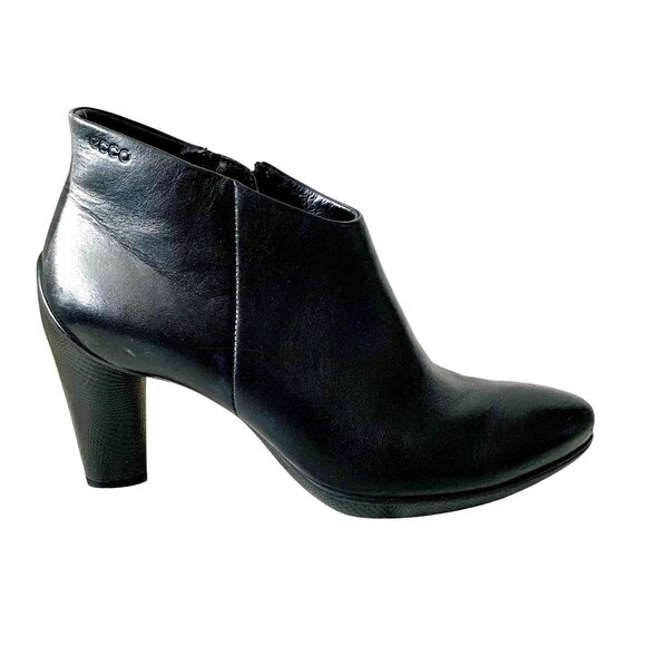 Ecco Sculptured 75 Low Cut Black Leather Ankle Booties 38 Side Zip Block Heel - Picture 2 of 10